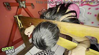 Naughty brazilian bride fucks two men in bdsm room close up