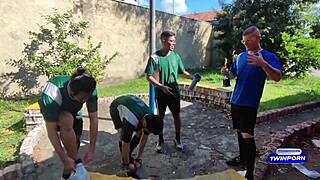 soccer team makes the slut suck off every player with big cock double penetration