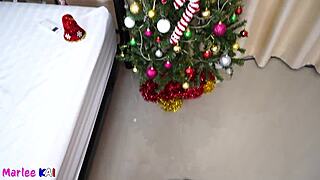 Asian wife sucking cock under the Christmas tree