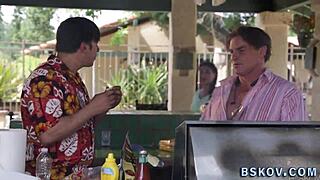 In this scene, a busty milf with tattoos gets her feet worshipped and deepthroated.