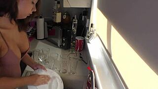 Whoa, check out this stunning blonde babe oiling up her big natural tits 😍