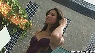 Brazilian shemale babe tugs her hard cock solo