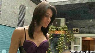 Brazilian shemale babe tugs her hard cock solo