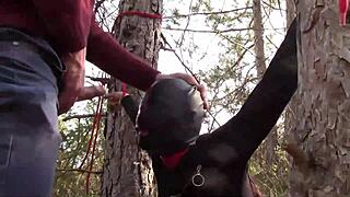 Latina brunette milf in bondage hood gets choked, spat on, and deepthroats monster cock