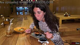 Sucking Cock in Sushi Bar Toilet, Eating Rolls with Cum on Face