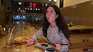 Sucking Cock in Sushi Bar Toilet, Eating Rolls with Cum on Face