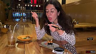 Sucking Cock in Sushi Bar Toilet, Eating Rolls with Cum on Face