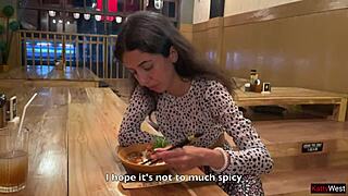 Sucking Cock in Sushi Bar Toilet, Eating Rolls with Cum on Face