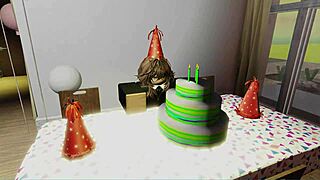 a different birthday with big tits and monster cock, ending in cum on ass.