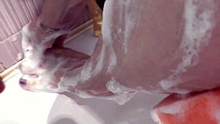 blonde milf cheats in shower with neighbor for doggystyle creampie close up