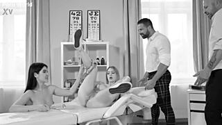 Dr Lady Dee treats Sladyen Skaya with glass dildo in BDSM play