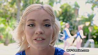 three sexy gymnasts perform acrobatic blowjobs outdoors in pov