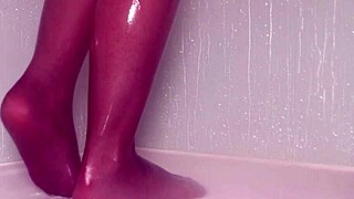 Nylon Feet Get Teased Wet In Shower With Pantyhose
