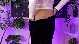 Mature woman in sexy pantyhose roleplays at night club with curvy figure