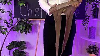 Mature woman in sexy pantyhose roleplays at night club with curvy figure