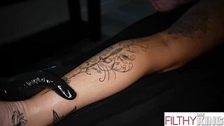 Tattooed Brunette Bent Over for Doggy and Cowgirl Fuck After Massage