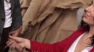 Very pretty brunette lady in stockings gets fucked doggy style while outdoors