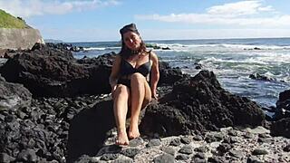 Seductive stepmom's foot fetish seduction on public beach