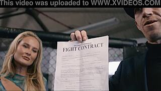 Female fighters engage in sweaty double penetration outside the ring