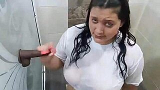 Colombian girl plays nasty in bathroom with stepbrother's shirt