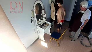 Hidden cam in barbershop where lady gets undressed
