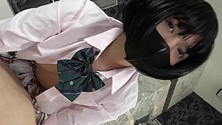 Uncensored Japanese teen in uniform cosplay gives blowjob and rides for hairy creampie.