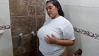 Colombian girl plays nasty in bathroom with stepbrother's shirt