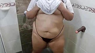 Colombian girl plays nasty in bathroom with stepbrother's shirt