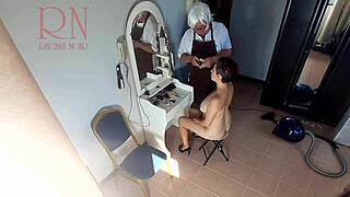 Hidden cam in barbershop where lady gets undressed