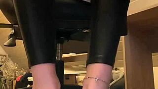 i enjoy early morning with leather pants and nylon socks on barefoot