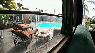 Gigi breeze caught naked sunbathing by pool in public outdoor extreme choking gagging slut scene with big ass and glasses.