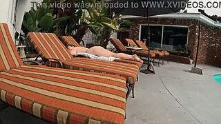 Gigi breeze caught naked sunbathing by pool in public outdoor extreme choking gagging slut scene with big ass and glasses.