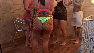 Latina babes feel ecstasy in backstage interracial group with double penetration