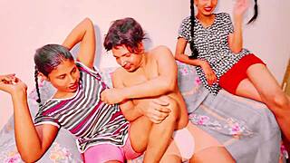 Teen 18+ stepsisters get fucked by stepbrother in homemade threesome