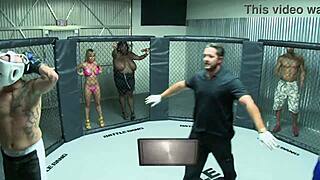 Sexy blonde Jessica Moore gets fucked by MMA fighter in fishnets and heels.