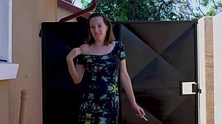 slutty brunette smokes outdoors with big tits and petite body