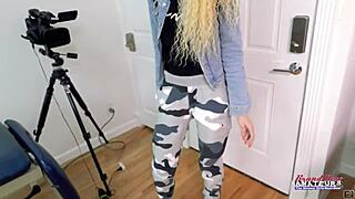 Petite blonde hottie finger fucks her shaved pussy and sucks a hard cock