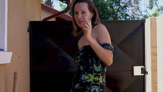 slutty brunette smokes outdoors with big tits and petite body