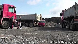 Petite Blonde Hottie Fucked in Public Threesome by Two Guys at Construction Site