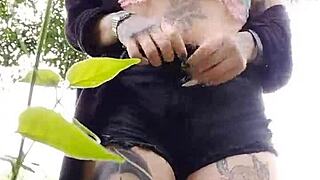 curvy brazilian exhibitionist flashes natural tits and big pussy outdoors in the woods