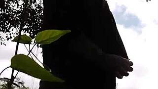 curvy brazilian exhibitionist flashes natural tits and big pussy outdoors in the woods