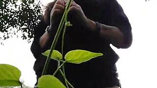 curvy brazilian exhibitionist flashes natural tits and big pussy outdoors in the woods