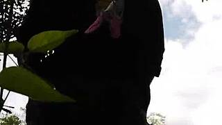 curvy brazilian exhibitionist flashes natural tits and big pussy outdoors in the woods