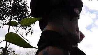 curvy brazilian exhibitionist flashes natural tits and big pussy outdoors in the woods