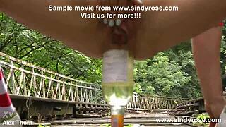 Blonde lady destroys anal with bottle in public
