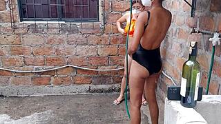 Whores indulge in sensual bath groping tits and vagina at country house