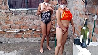 Whores indulge in sensual bath groping tits and vagina at country house