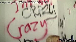 Blonde amateur sucks cock through glory hole