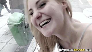 European woman pulled and fisted in public truck on the street