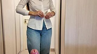 Stepmother helps stepson cum quickly in panties before work